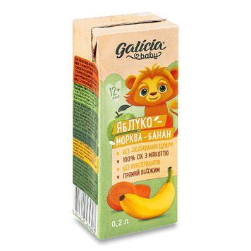 Сок Galicia Baby яблочно-морковно-банановый с мякотью натуральный гомогенизированный 0.2л 16826 фото