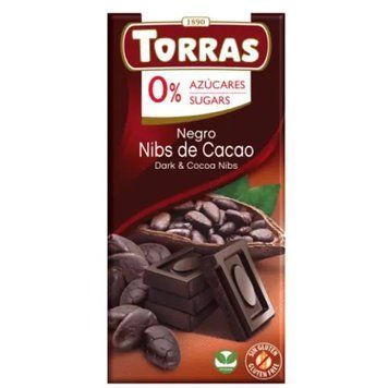 Шоколад без сахара и глютена Torras черный с какао бобами 75г. Испания 6753 фото